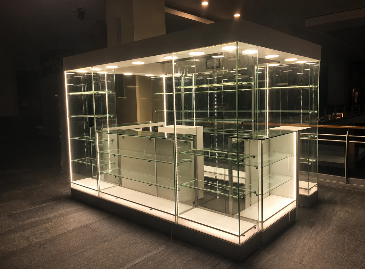 Vitrina comercial con iluminación perimetral para exhibición nocturna