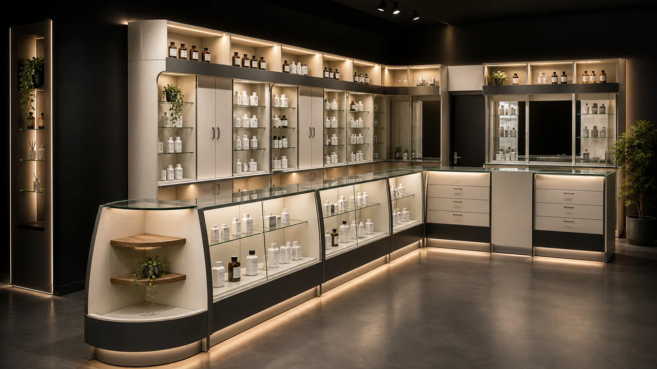 Mueble esquinero curvo para aprovechar la circulación y exhibición en farmacia