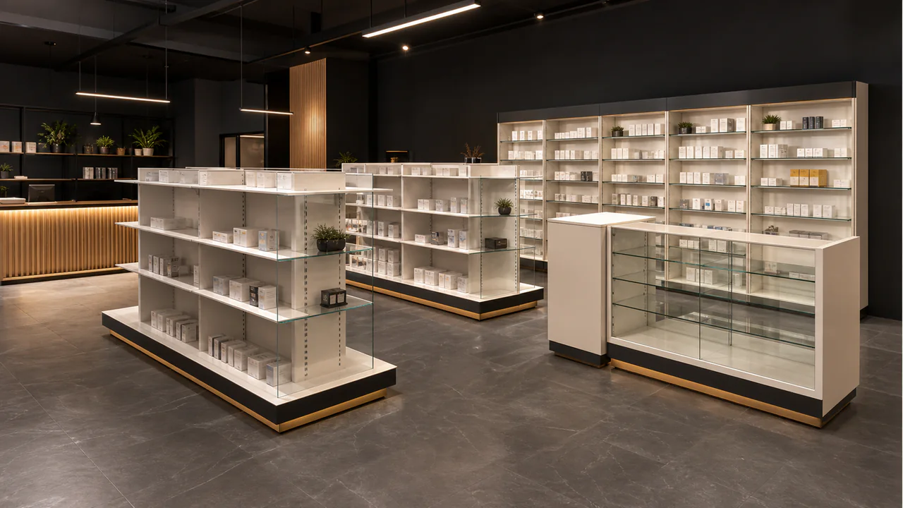 Góndolas centrales de baja altura para organizar categorías en una farmacia