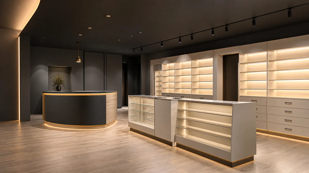 Farmacia contemporánea con góndolas centrales, anaqueles perimetrales y mobiliario oscuro