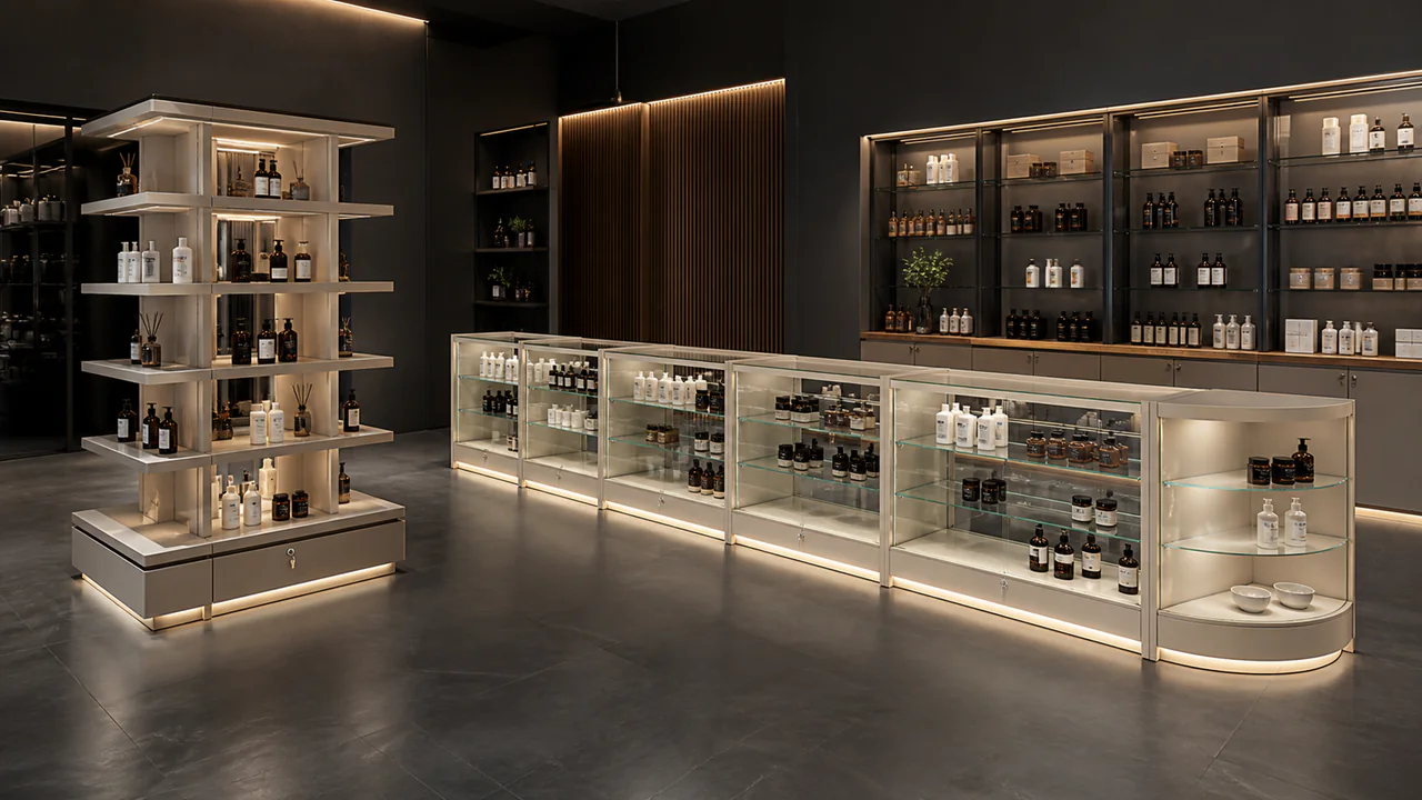 Vitrina de vidrio iluminada para categorías de cuidado personal en farmacia