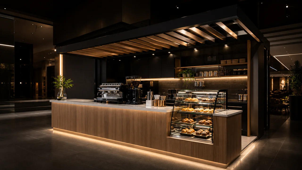Kiosko de cafetería con estación operativa, barra frontal y acabados negro y madera