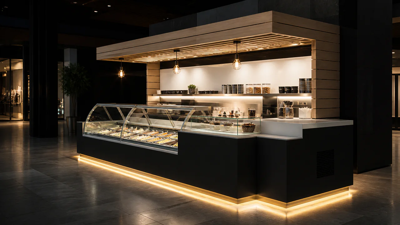 Kiosko de helados con vitrina refrigerada, área de servicio y acentos amarillos