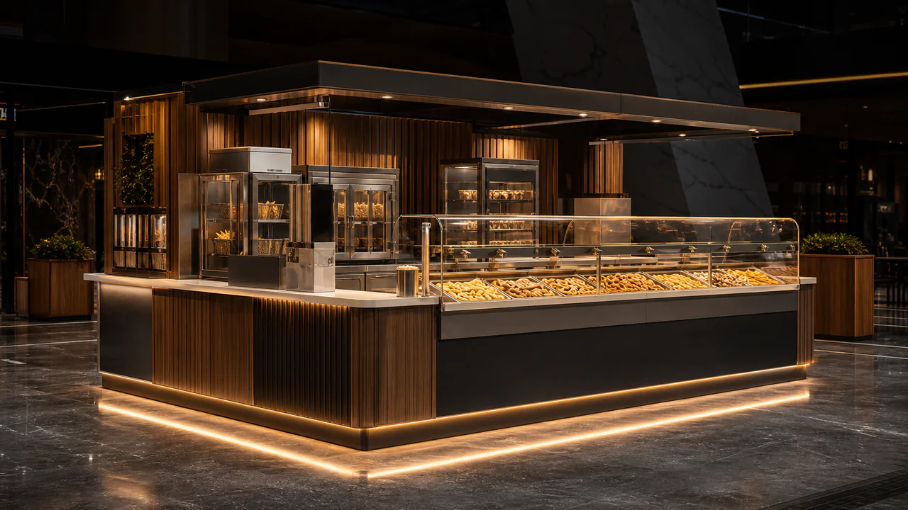 Kiosko de snacks con exhibición frontal, módulos de resguardo y atención rápida