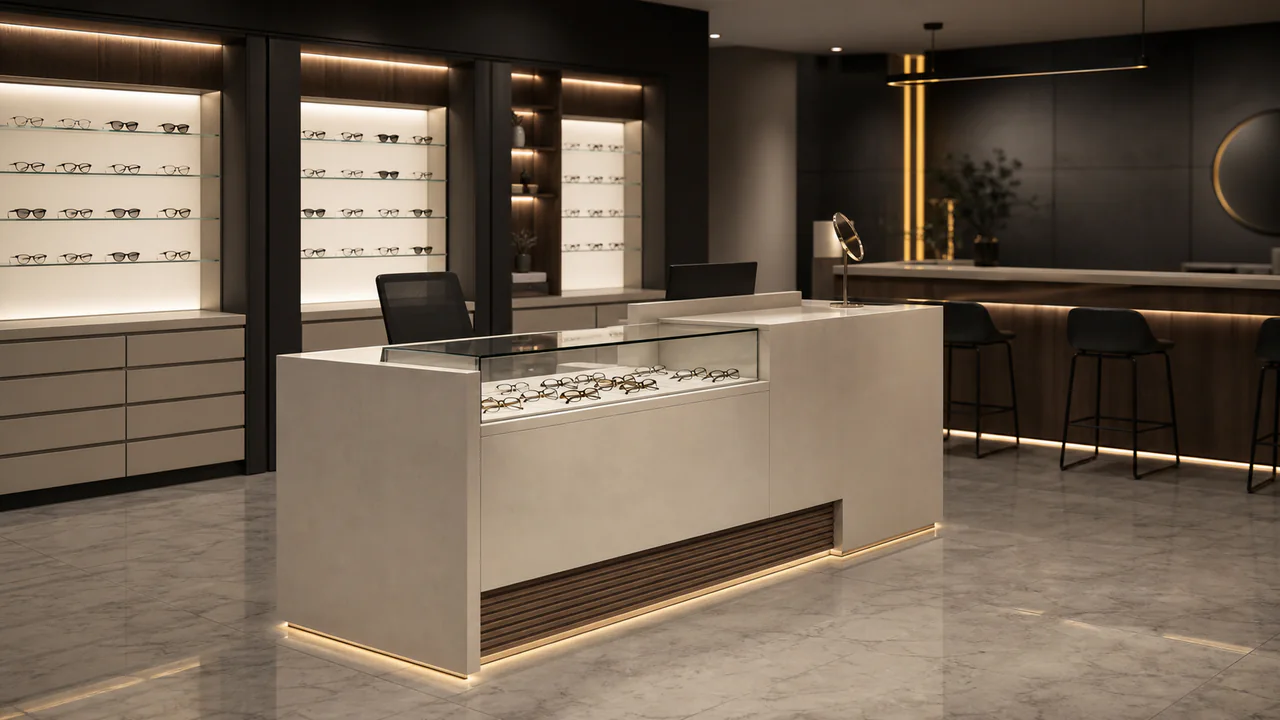 Mostrador de recepción para óptica con superficie clara e iluminación amarilla discreta